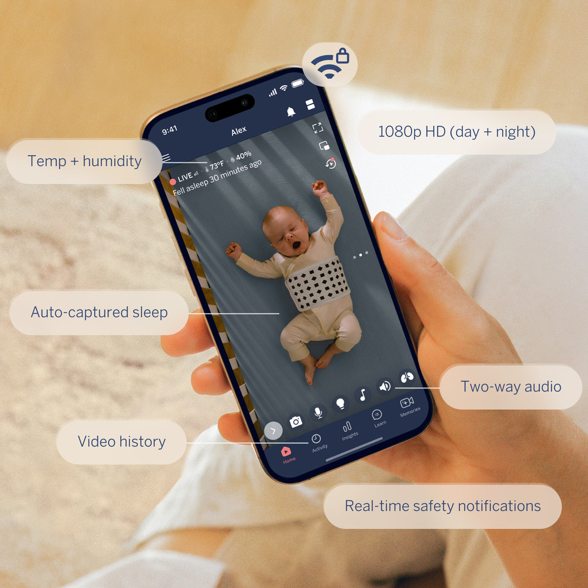 | Nanit smart baby monitor app with 1080p HD video, sleep tracking, video history, two-way audio, temperature and humidity monitoring, and real-time safety alerts