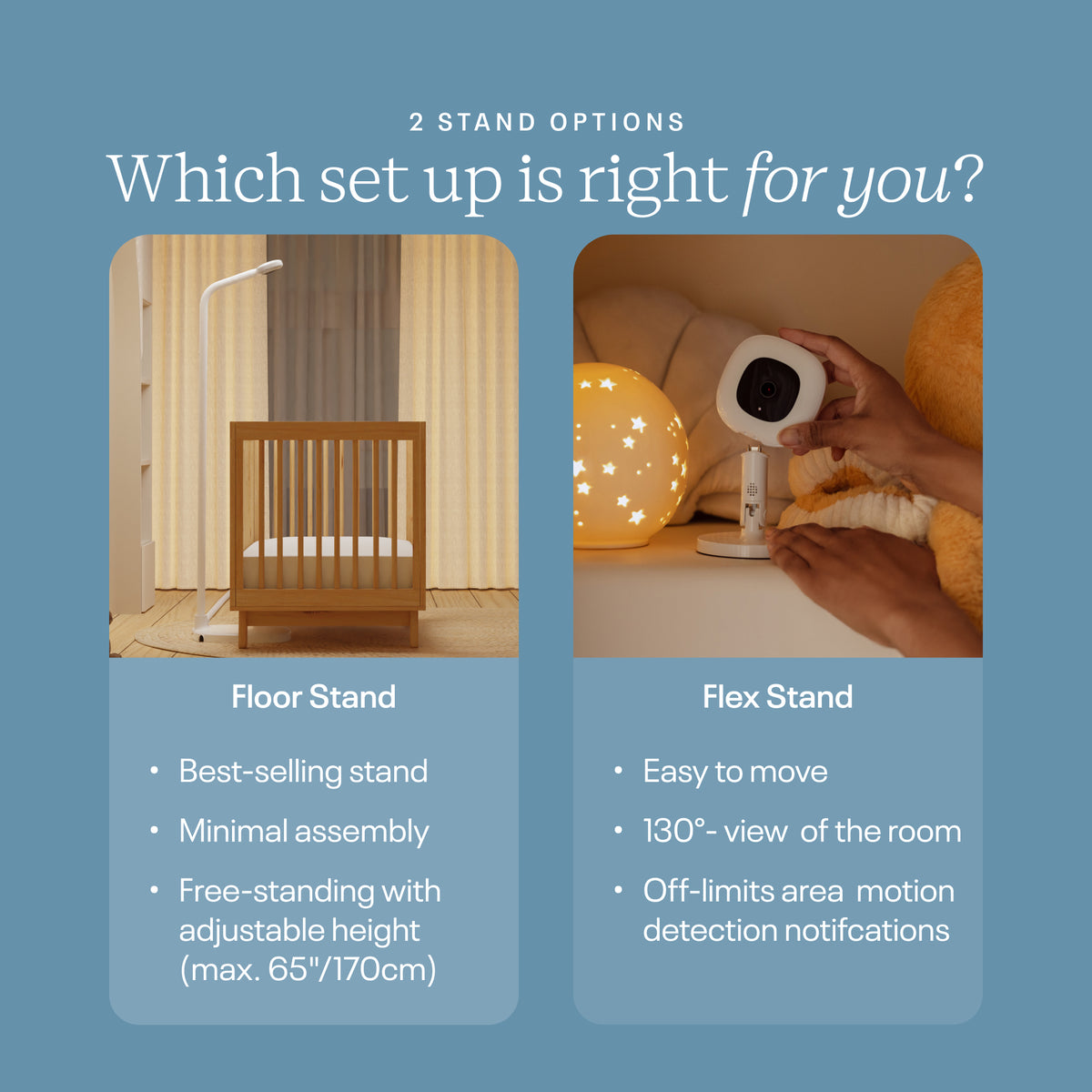 | Nanit baby monitor with Floor Stand and Flex Stand – choose the stand that best fits your baby’s sleep environment