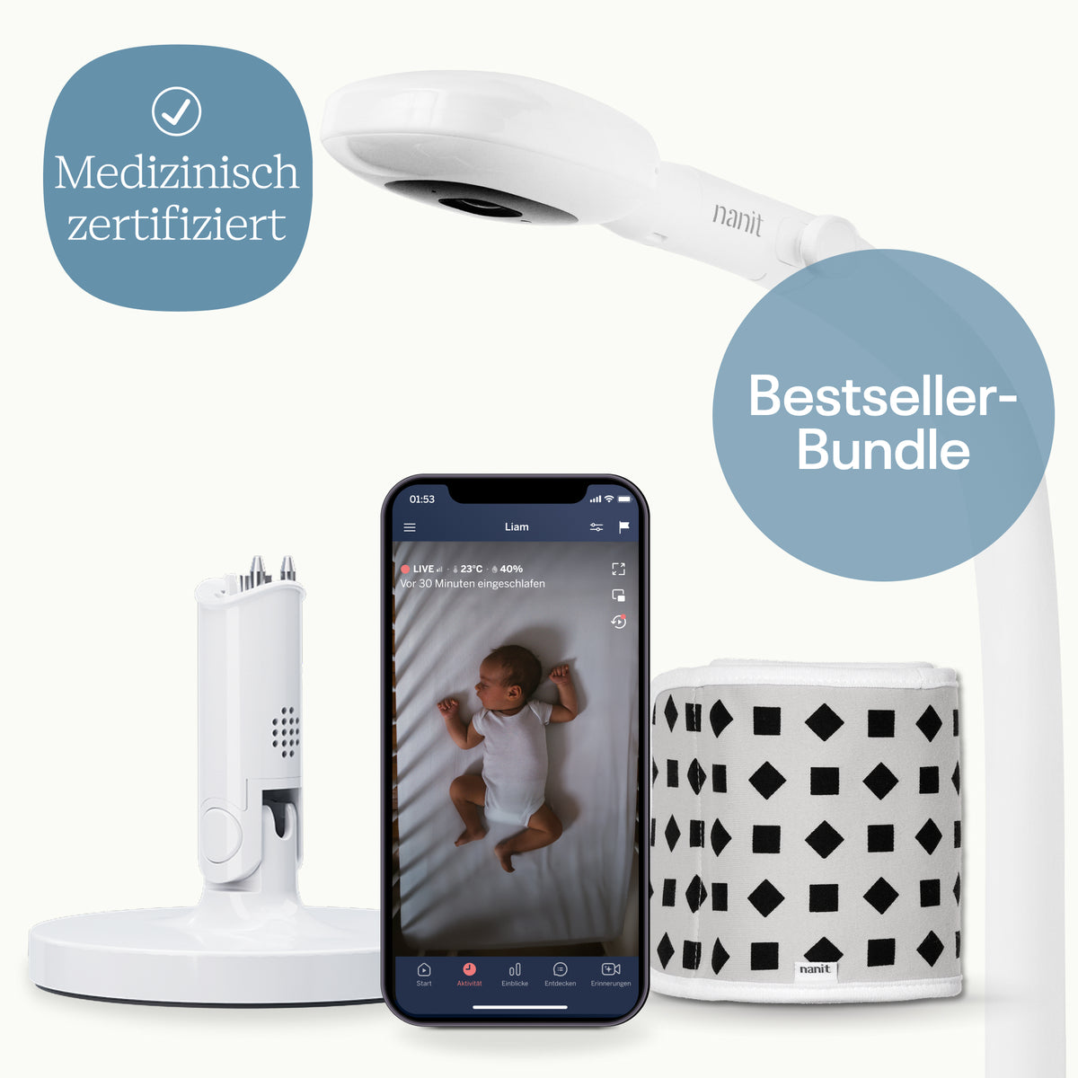 DE | Nanit Bestseller-Bundle mit Pro Babyphone, Bodenständer, App und Atemband