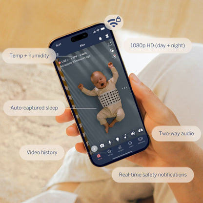 | Nanit smart baby monitor app with 1080p HD video, sleep tracking, video history, two-way audio, temperature and humidity monitoring, and real-time safety alerts
