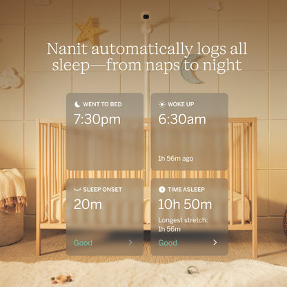 | Suivi automatique du sommeil Nanit avec des informations sur l’heure du coucher, l’endormissement, la durée du sommeil et le réveil de ton bébé