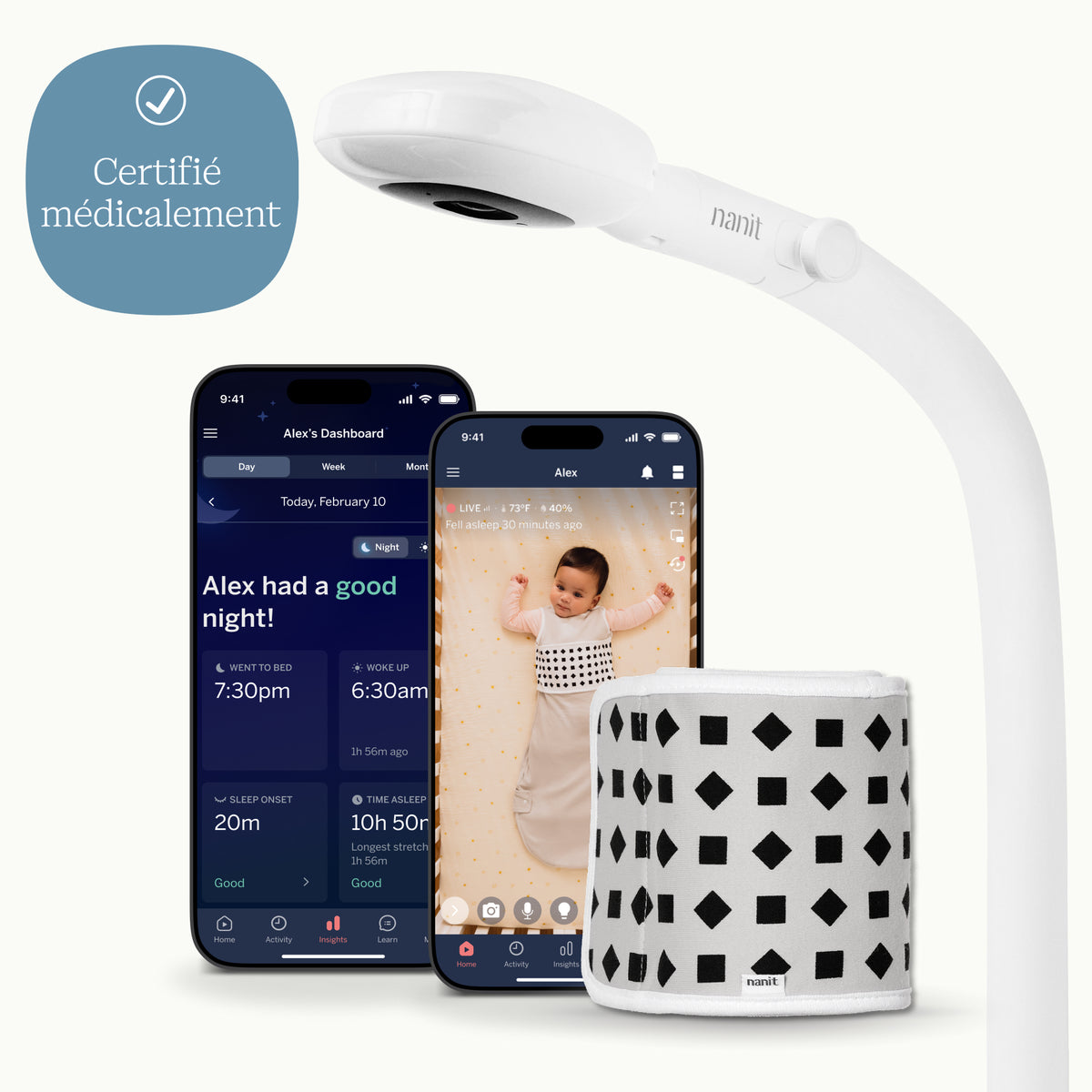 FR | Babyphone Nanit Pro avec application, support au sol et Bande respiratoire